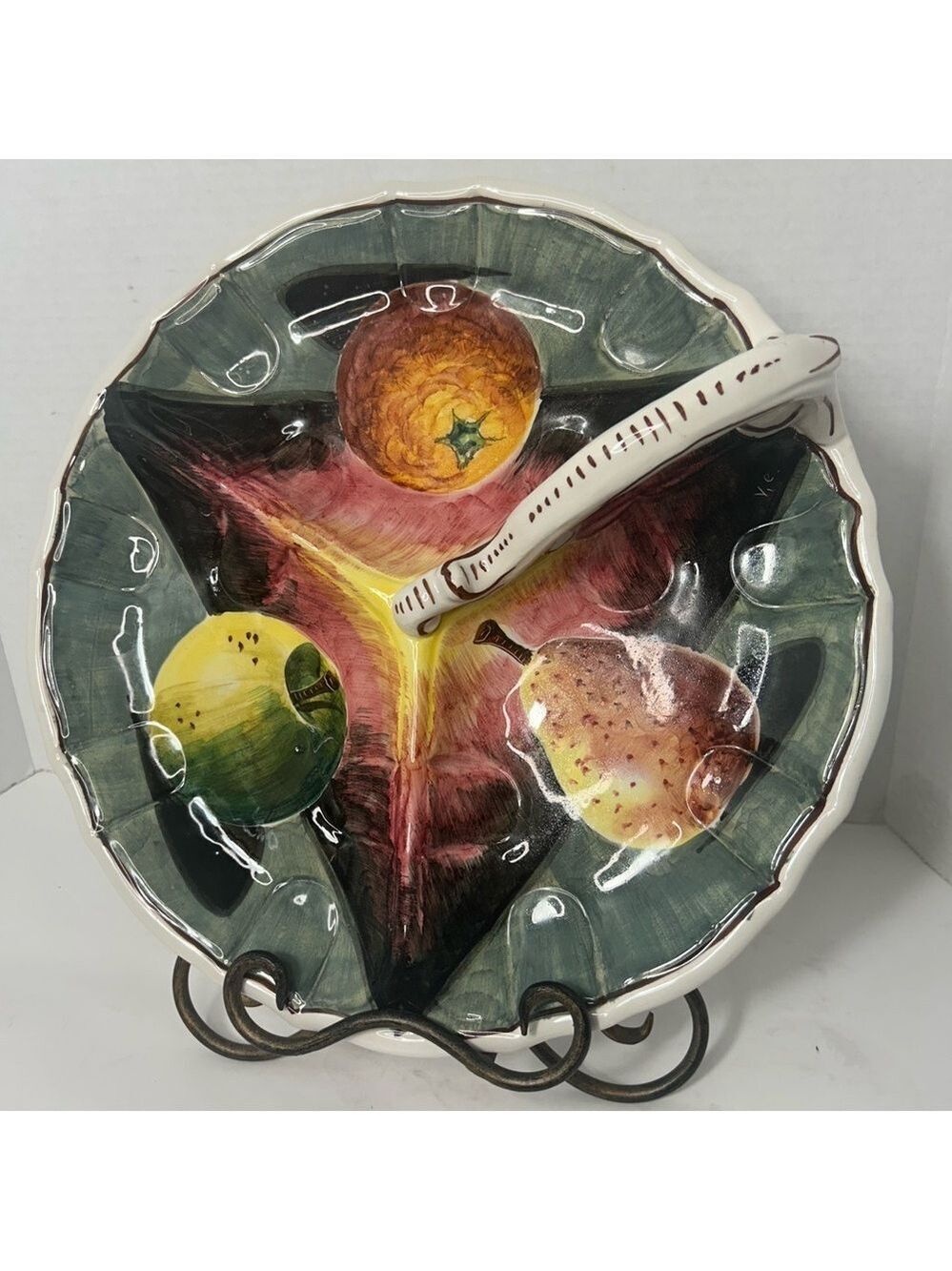 Vintage Ceramic Snack Serving Platter 3 Section Handle Fruit Handpainted Italy